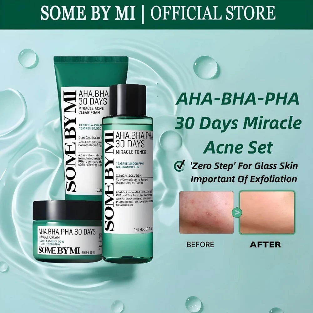 SOME by MI AHA-BHA-PHA 30 Days Miracle Acne Set (Toner, Cream, Acne Foam)Soothes Suitable for Oily Acne Sensitive Skina